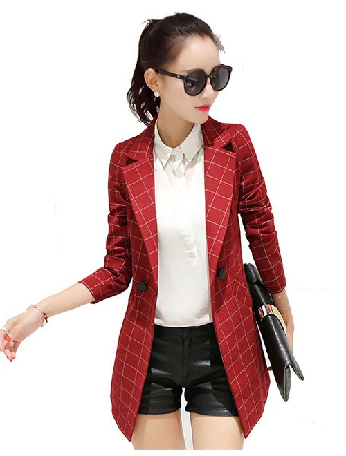 SHUIANGRAN Women's Office Work Blazer Long Sleeve Slim Fit Plaid One Button Jacket