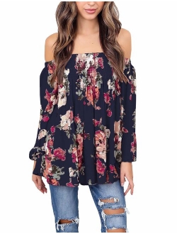 Women's Floral Off The Shoulder Tops Summer Casual Shirt Blouse Long Bell Sleeve