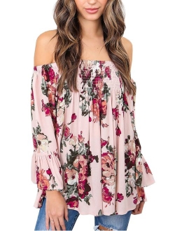 Women's Floral Off The Shoulder Tops Summer Casual Shirt Blouse Long Bell Sleeve