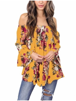 Women's Floral Off The Shoulder Tops Summer Casual Shirt Blouse Long Bell Sleeve