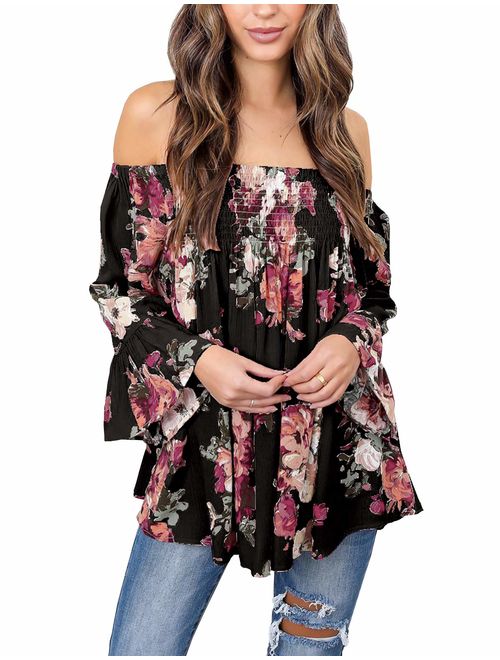 Women's Floral Off The Shoulder Tops Summer Casual Shirt Blouse Long Bell Sleeve