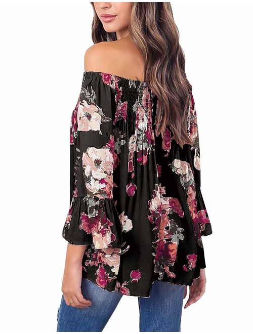 Women's Floral Off The Shoulder Tops Summer Casual Shirt Blouse Long Bell Sleeve