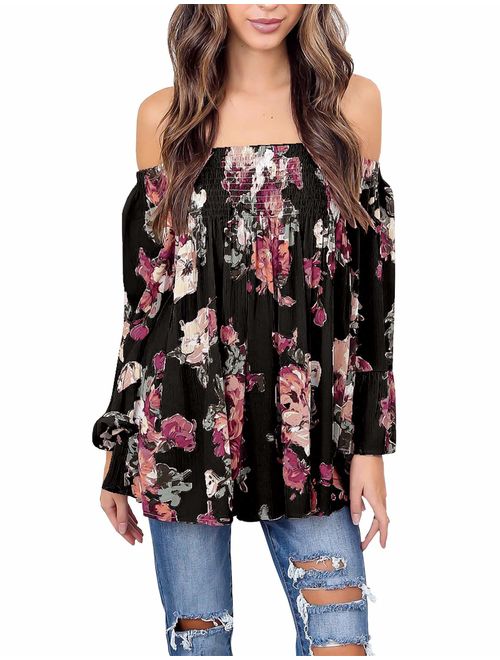 Women's Floral Off The Shoulder Tops Summer Casual Shirt Blouse Long Bell Sleeve