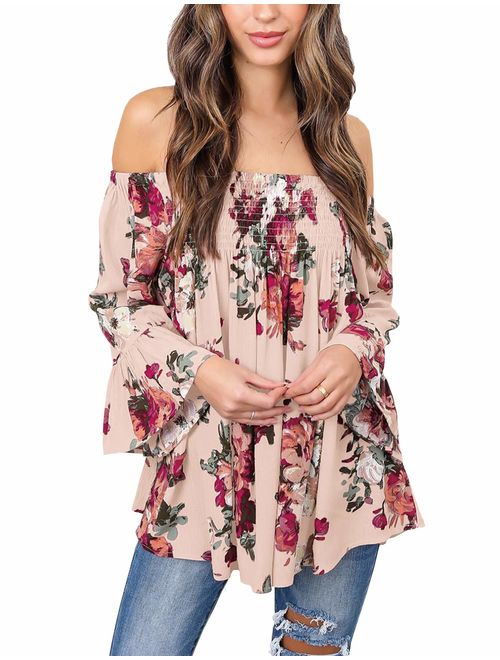 Women's Floral Off The Shoulder Tops Summer Casual Shirt Blouse Long Bell Sleeve