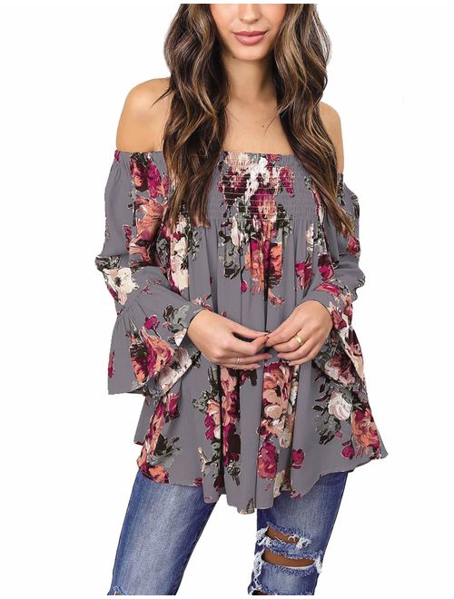 Women's Floral Off The Shoulder Tops Summer Casual Shirt Blouse Long Bell Sleeve