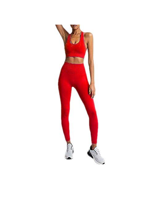Hotexy Women's Workout Outfit 2 Pieces Seamless Yoga Leggings with Sports Bra Gym Clothes Set