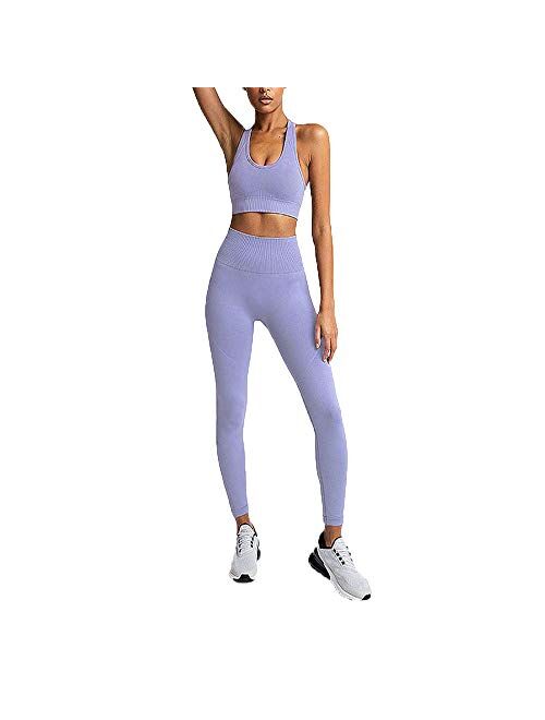 Hotexy Women's Workout Outfit 2 Pieces Seamless Yoga Leggings with Sports Bra Gym Clothes Set