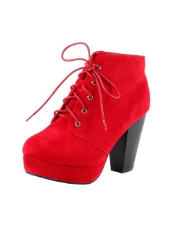 Camille-86 Women's Comfort Stacked Chunky Heel Lace Up Ankle Booties