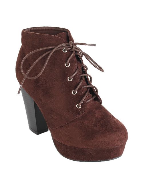 Forever Camille-86 Women's Comfort Stacked Chunky Heel Lace Up Ankle Booties