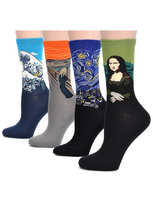 Field4U 4 Pairs Women's Famous Painting Art Printed Casual Crew Socks