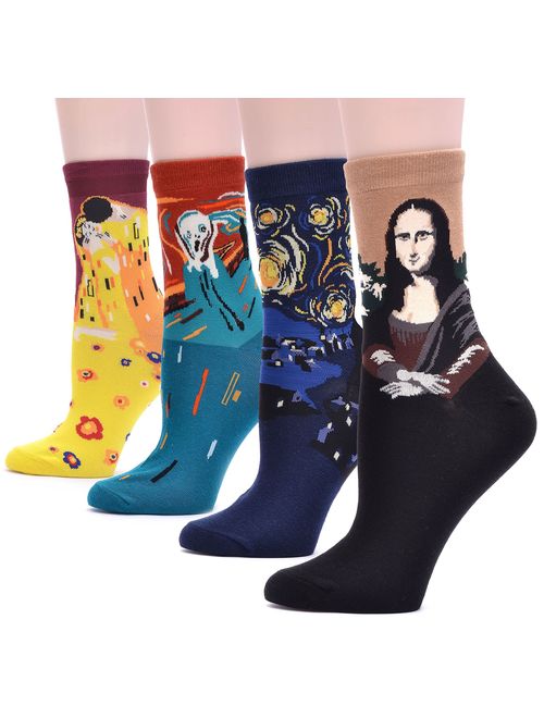 Field4U 4 Pairs Women's Famous Painting Art Printed Casual Crew Socks