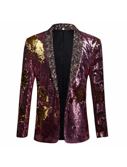 PYJTRL Men Stylish Two Color Conversion Shiny Sequins Blazer Suit Jacket