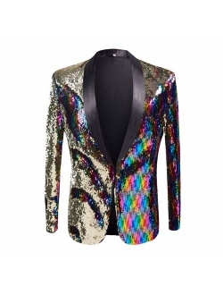 PYJTRL Men Stylish Two Color Conversion Shiny Sequins Blazer Suit Jacket