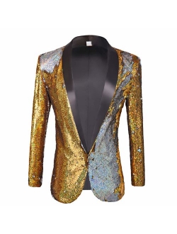 PYJTRL Men Stylish Two Color Conversion Shiny Sequins Blazer Suit Jacket