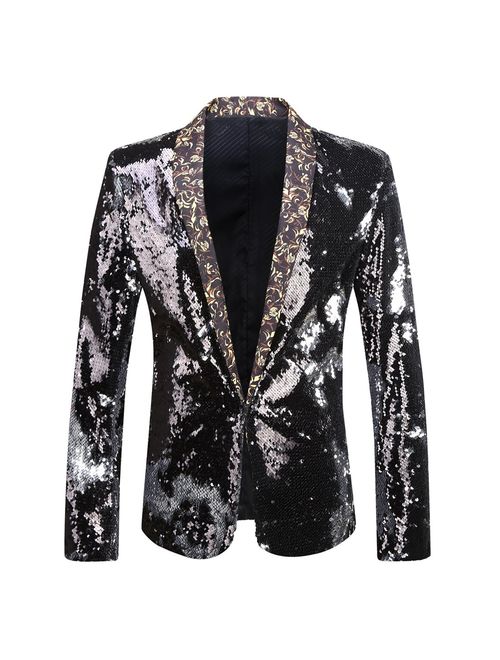 PYJTRL Men Stylish Two Color Conversion Shiny Sequins Blazer Suit Jacket