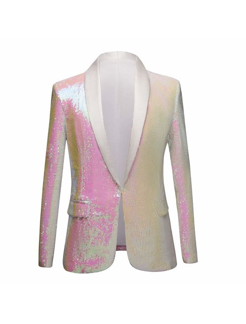 PYJTRL Men Stylish Two Color Conversion Shiny Sequins Blazer Suit Jacket