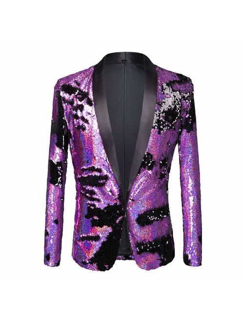 PYJTRL Men Stylish Two Color Conversion Shiny Sequins Blazer Suit Jacket