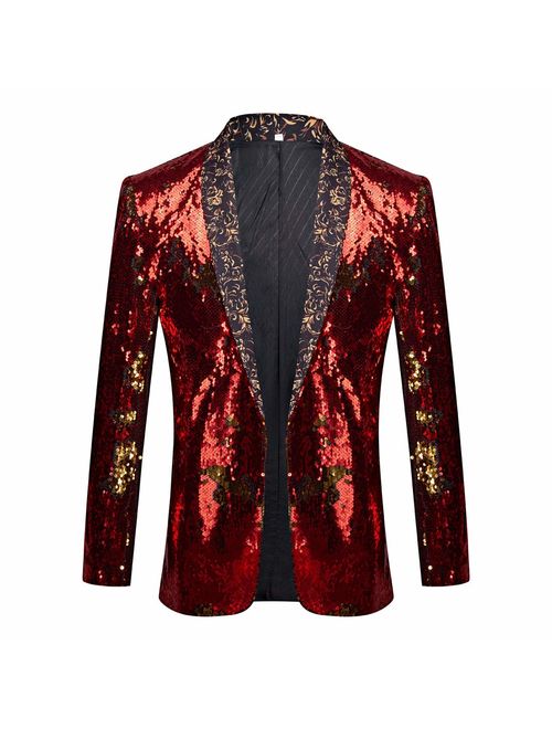 PYJTRL Men Stylish Two Color Conversion Shiny Sequins Blazer Suit Jacket