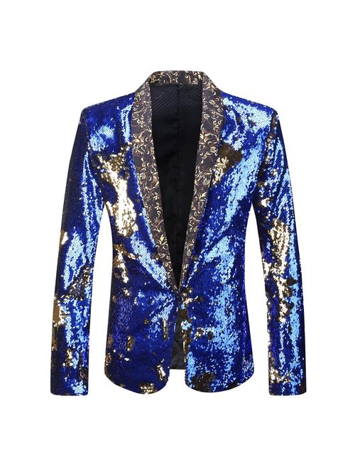 PYJTRL Men Stylish Two Color Conversion Shiny Sequins Blazer Suit Jacket