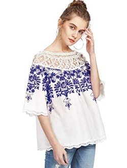 Women's Cold Shoulder Floral Embroidered Lace Scalloped Hem Blouse Top