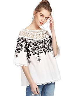 Women's Cold Shoulder Floral Embroidered Lace Scalloped Hem Blouse Top