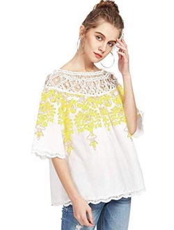 Women's Cold Shoulder Floral Embroidered Lace Scalloped Hem Blouse Top