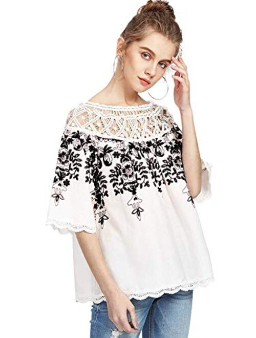 Romwe Women's Cold Shoulder Floral Embroidered Lace Scalloped Hem Blouse Top