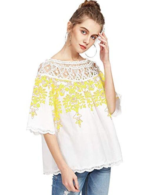 Romwe Women's Cold Shoulder Floral Embroidered Lace Scalloped Hem Blouse Top