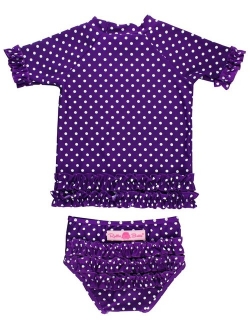 Little Girls Rash Guard Short Sleeve 2-Piece Swimsuit Set - Polka Dot Bikini with UPF 50  Sun Protection