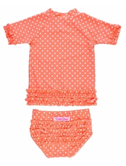 Little Girls Rash Guard Short Sleeve 2-Piece Swimsuit Set - Polka Dot Bikini with UPF 50  Sun Protection