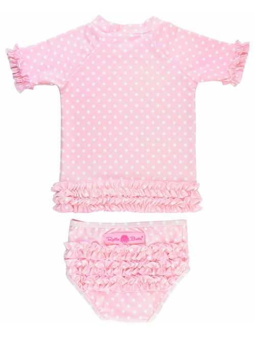 RuffleButts Little Girls Rash Guard Short Sleeve 2-Piece Swimsuit Set - Polka Dot Bikini with UPF 50+ Sun Protection