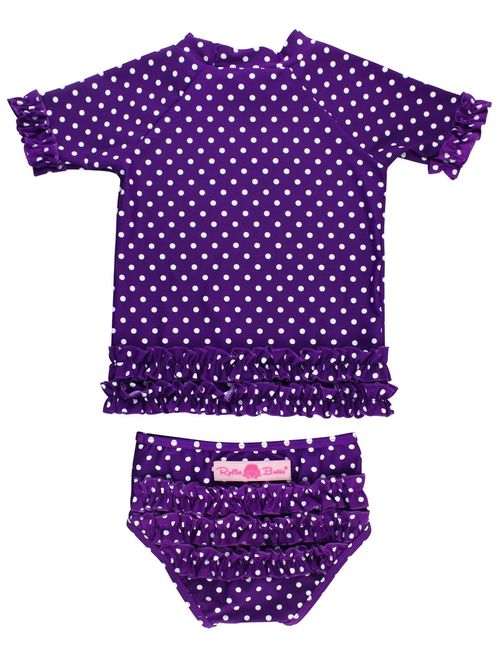 RuffleButts Little Girls Rash Guard Short Sleeve 2-Piece Swimsuit Set - Polka Dot Bikini with UPF 50+ Sun Protection