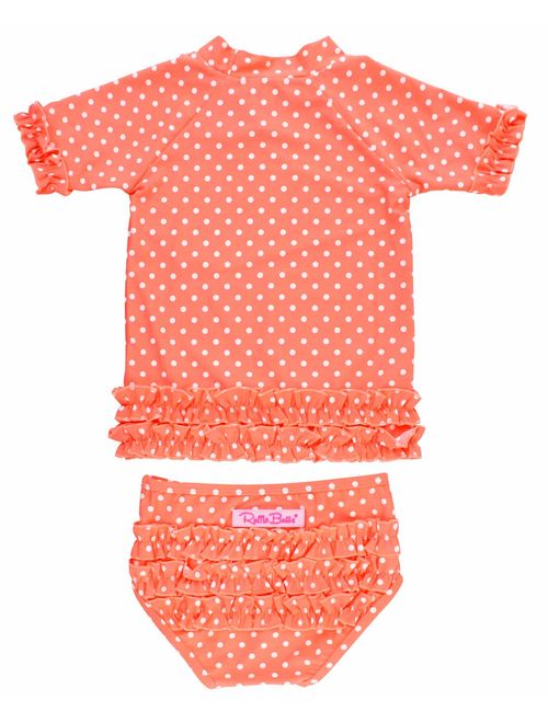 RuffleButts Little Girls Rash Guard Short Sleeve 2-Piece Swimsuit Set - Polka Dot Bikini with UPF 50+ Sun Protection