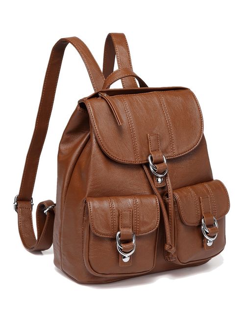 Backpack Purse for Women,VASCHY Fashion Faux Leather Buckle FlapDrawstring Backpack for College with Two Front Pockets