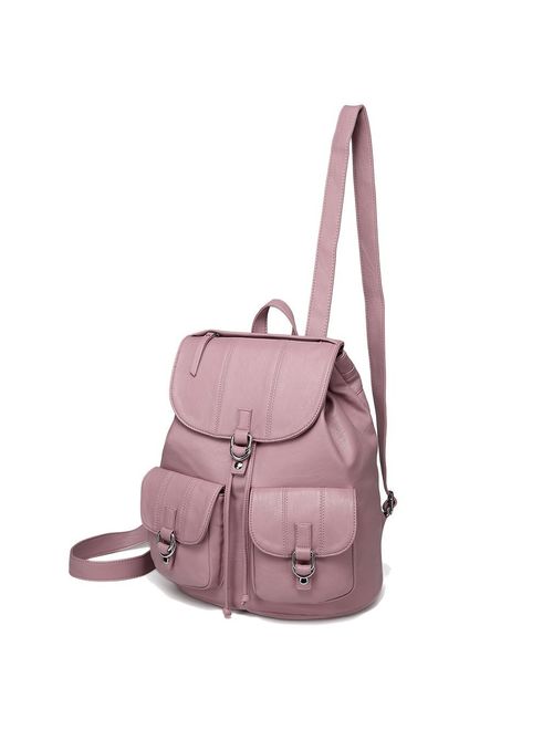 Backpack Purse for Women,VASCHY Fashion Faux Leather Buckle FlapDrawstring Backpack for College with Two Front Pockets