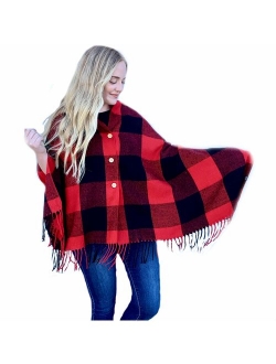 Pretty Simple Plaid Blanket Scarf w/Buttons - Women's Large Shawl or Wrap - For Winter Spring or Autumn