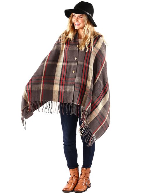 Pretty Simple Plaid Blanket Scarf w/Buttons - Women's Large Shawl or Wrap - For Winter Spring or Autumn