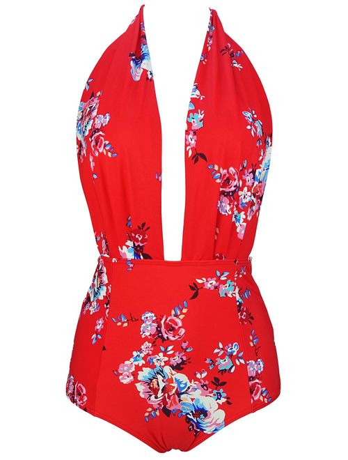 COCOSHIP Retro One Piece Backless Bather Swimsuit High Waisted Pin Up Swimwear(FBA)