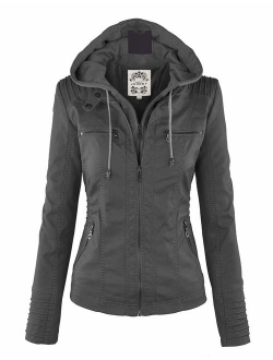 MBJ Womens Faux Leather Motorcycle Jacket with Hoodie