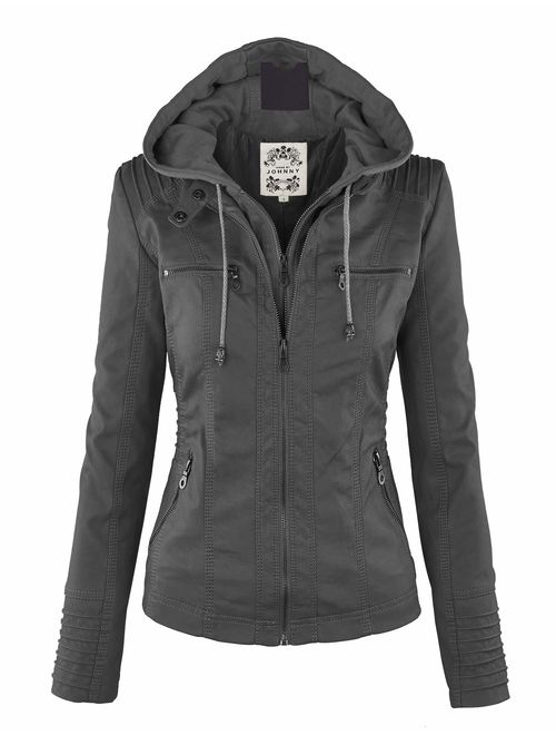 Made By Johnny MBJ Womens Faux Leather Motorcycle Jacket with Hoodie