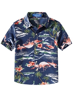 SSLR Big Boy's Flamingos Button Down Short Sleeve Aloha Hawaiian Shirt