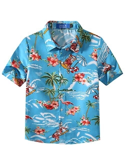 SSLR Big Boy's Flamingos Button Down Short Sleeve Aloha Hawaiian Shirt