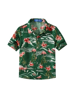 SSLR Big Boy's Flamingos Button Down Short Sleeve Aloha Hawaiian Shirt