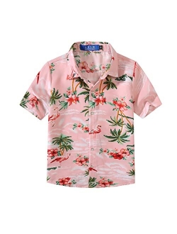 SSLR Big Boy's Flamingos Button Down Short Sleeve Aloha Hawaiian Shirt