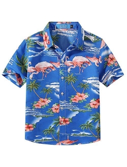 SSLR Big Boy's Flamingos Button Down Short Sleeve Aloha Hawaiian Shirt