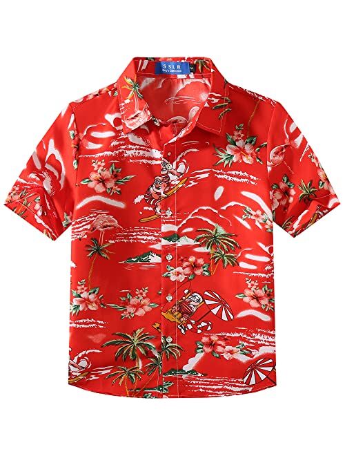 SSLR Big Boy's Flamingos Button Down Short Sleeve Aloha Hawaiian Shirt