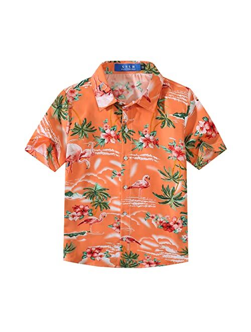 SSLR Big Boy's Flamingos Button Down Short Sleeve Aloha Hawaiian Shirt