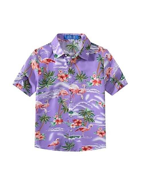 SSLR Big Boy's Flamingos Button Down Short Sleeve Aloha Hawaiian Shirt