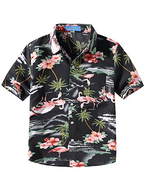 SSLR Big Boy's Flamingos Button Down Short Sleeve Aloha Hawaiian Shirt