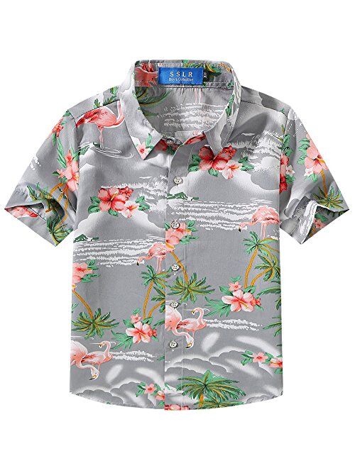 SSLR Big Boy's Flamingos Button Down Short Sleeve Aloha Hawaiian Shirt